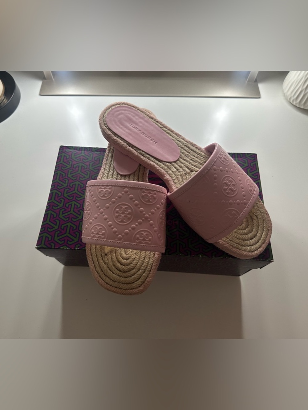 Tory Burch Pink Embossed Slide Espadrille Sandals